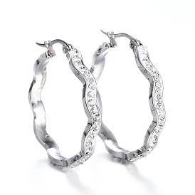 304 Stainless Steel Hoop Earrings, with Polymer Clay and Rhinestone, Wave Ring