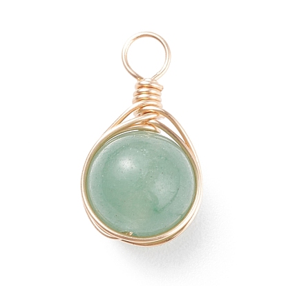Natural Gemstone Pendants, with Real 18K Gold Plated Copper Wire Wrapped, Round