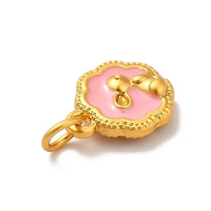Rack Plating Alloy Enamel Pendants, Cadmium Free & Lead Free, with Jump Ring, Matte Gold Color, Flower with Rabbit