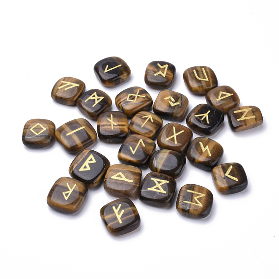 Cabochons de pierres fines naturelles, carré avec runes / futhark / futhorc