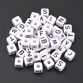 Large Hole Acrylic Letter European Beads, Horizontal Hole, White & Black, Cube with Letter