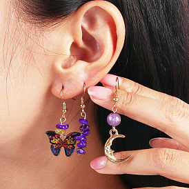 Purple Irregular Turquoise Moon Earrings - Beautiful Butterfly Pattern, Western Style