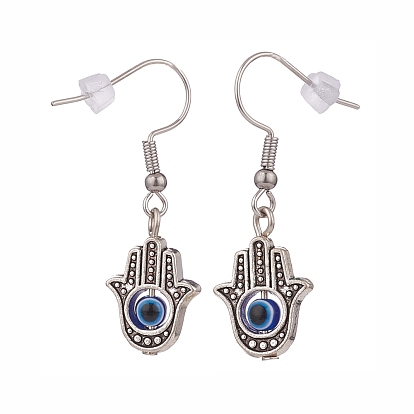 Alloy Hamsa Hand with Resin Evil Eye Dangle Earrings, 316 Surgical Stainless Steel Drop Earrings for Women