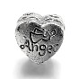 Large Hole Heart Alloy Glass Rhinestone European Beads, with Word Angel, Antique Silver, 10.5x11x9mm, Hole: 5mm