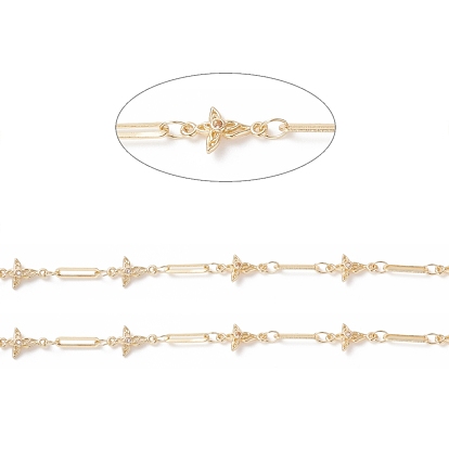 Clear Cubic Zirconia Flower Link Chains, with Brass Paperclip Chains, Soldered, with Spools, Cadmium Free & Lead Free