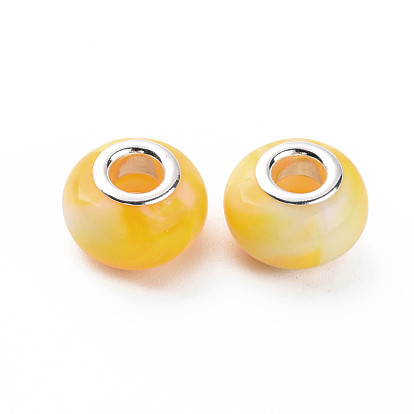 Opaque Resin European Beads, Large Hole Beads, Imitation Gemstone Style, with Silver Tone Brass Double Cores, Rondelle