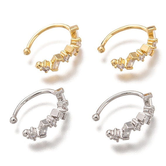 Brass Cuff Earrings, with Clear Cubic Zirconia Long-Lasting Plated, Rectangle