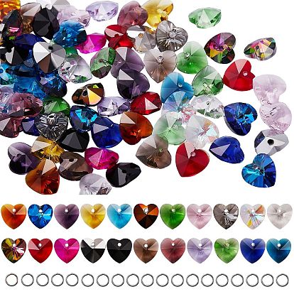88Pcs 22 Colors Valentine's Day Theme Faceted Heart Charm, with 150Pcs Iron Open Jump Rings, for DIY Pendants Making Kits