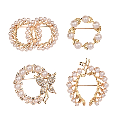 4Pcs 4 Style Butterfly & Leaf Plastic Imitation Pearl Beads Brooch, with Alloy Findings