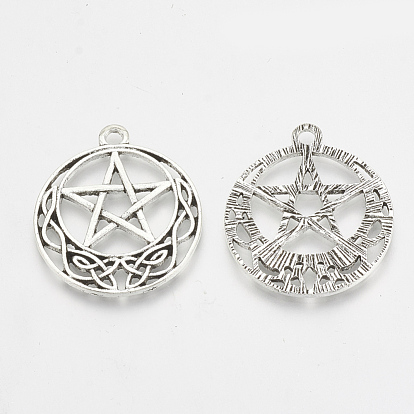 Tibetan Style Alloy Pentacle Pendants, Wicca Pendants, Flat Round with Pentagram Star