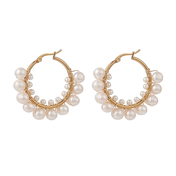 Aretes de aro con perlas naturales, 304 joyería de alambre de acero inoxidable para mujer