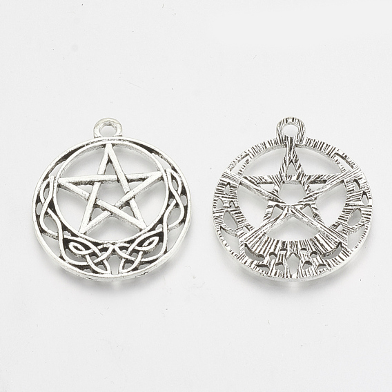 Pendentifs pentacle en alliage de style tibétain, pendentifs wicca, rond plat avec étoile pentagramme