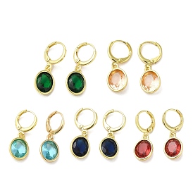 Real 18K Gold Plated Brass Dangle Leverback Earrings, with Oval Glass