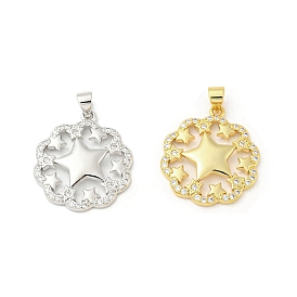 Rack Plating Brass Micro Pave Cubic Zirconia Pendants, Long-Lasting Plated, Lead Free & Cadmium Free, Flower with Star Charms