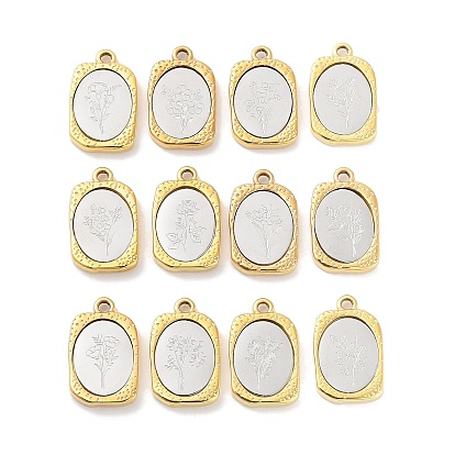 304 Stainless Steel Pendants, Rectangle with Twelve Zodiac Flower Charm, Golden & Stainless Steel Color