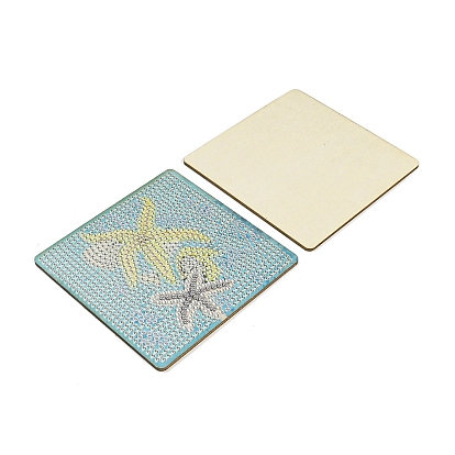Kits de tapis de tasse en bois carré de peinture de diamant de thème d'animal marin de bricolage, y compris le support de prix, strass de résine, stylo collant diamant, plaque de plateau et pâte à modeler