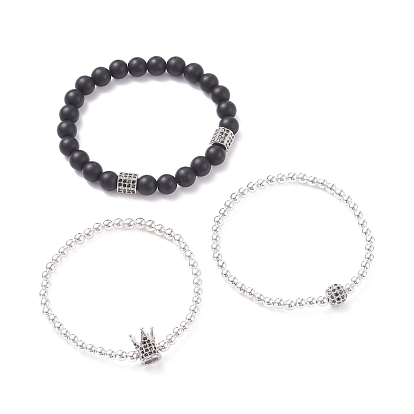 3шт 3 стильные круглые эластичные браслеты из синтетического черного камня и гематита с бусинами, браслеты из драгоценных камней с шестигранной короной для женщин