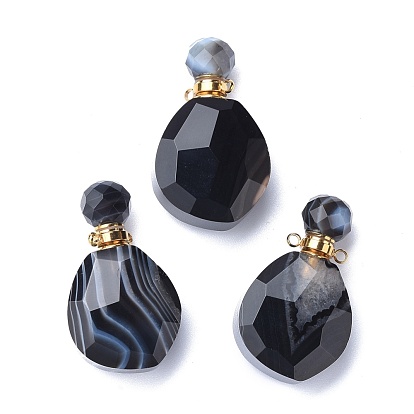 Faceted Natural Black Onyx Pendants, Openable Perfume Bottle, with Brass Findings