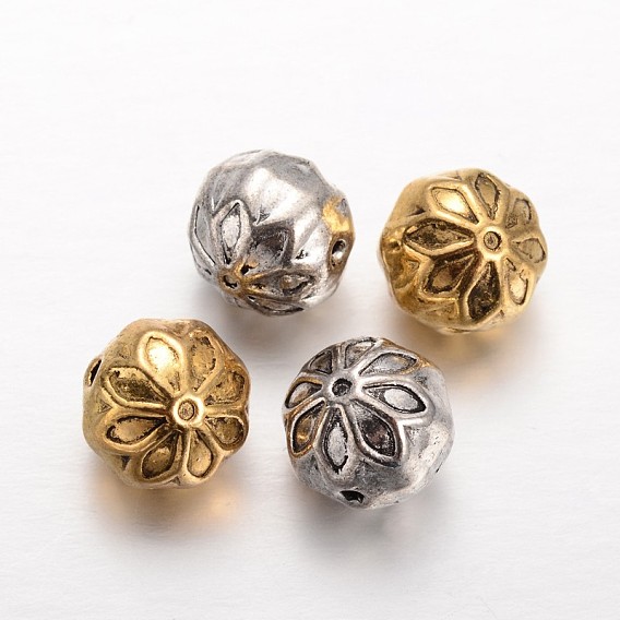 Round Alloy Beads, with Flower Pattern, 10mm, Hole: 1mm