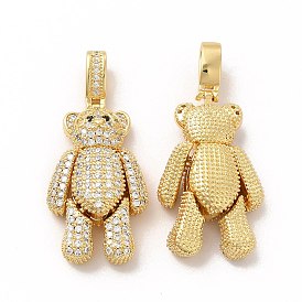 Rack Plating Brass Micro Pave Cubic Zirconia Pendants, Cadmium Free & Lead Free, Real 18K Gold Plated, Long-Lasting Plated, Mechanical Charm, Bear Charm