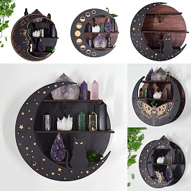 Wood Crystal Wall Mounted Display Shelf, Round Wooden Crystal Holder Candle Hanging Rack, with Adhesive Hook, Wolf/Cat/Butterfly/Moon/Moon Phase Pattern