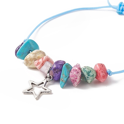 3Pcs 3 Style Moon & Star & Sun Charm Bracelets Set, Synthetic Turquoise Chips Braided Bead Bracelest for Women