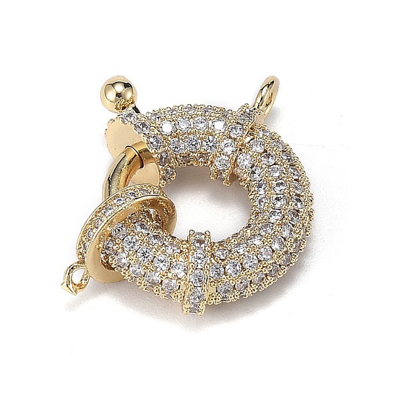 Brass Micro Pave Clear Cubic Zirconia Spring Ring Clasps, with Bail Beads/Tube Bails, Long-Lasting Plated