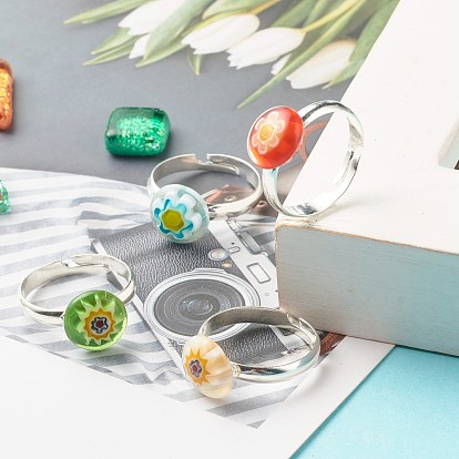 Flower Flat Round Millefiori Glass Adjustable Ring, Solid Brass Ring for Women, Platinum