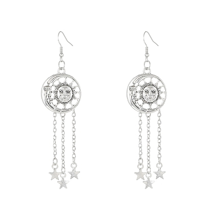 Moon & Sun Alloy Chandelier Earrings, Star Tassel Earrings for Women