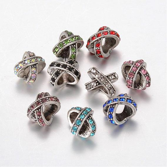 Aleación de estilo tibetano de diamantes de imitación perlas grandes agujeros, 12x9x9 mm, agujero: 6 mm