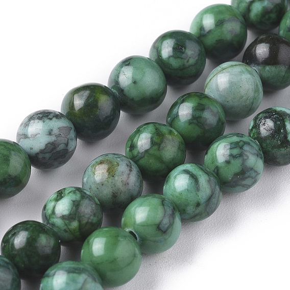 Brins de perles de jaspe de feuille d'argent de porcelaine naturelle, teints et chauffée, ronde, verte