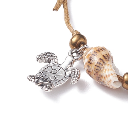 Bracelet perlé coquillage triple spirale avec breloque tortue, bracelet réglable pour femme