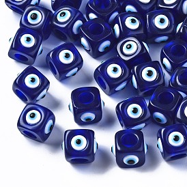 Resin European Beads, Large Hole Beads, Cube with Evil Eye