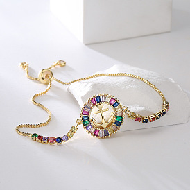 Bracelet en zircon arc-en-ciel pour femmes, cordon réglable, plaqué cuivre, bijoux en or k