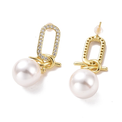 Boucles d'oreilles ovales en zircone cubique transparente avec nœud et perle en plastique, bijoux en laiton pour femmes, sans cadmium et sans plomb