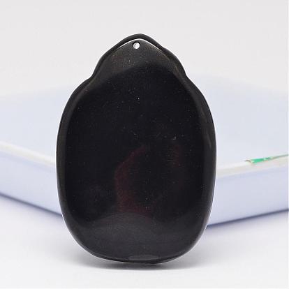 Natural Obsidian Large Cameo Pendants, Buddhist Jewelry Pendants, Buddha, 51~53x35.5~37.5x11~13mm, Hole: 2mm