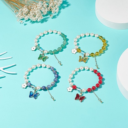 Bracelet extensible perlé de pierres précieuses naturelles rondes et de coquillages, bracelet à breloques papillon en verre et fleur en laiton pour femme