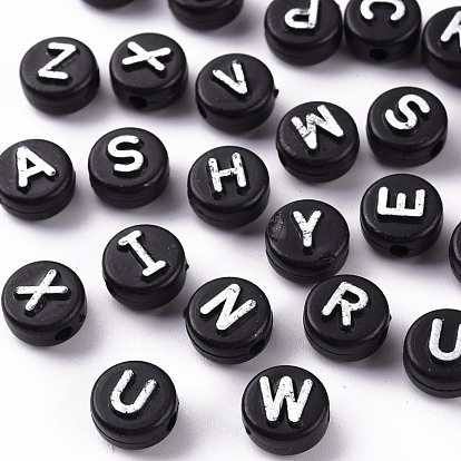 Opaque Black Acrylic Beads, Metal Enlaced, Horizontal Hole, Cube with Random Letters
