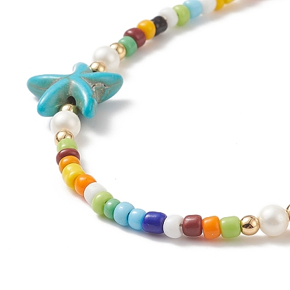 Colorful Synthetic Turquoise Starfish & Shell Pearl & Glass Seed Beaded Necklace for Women
