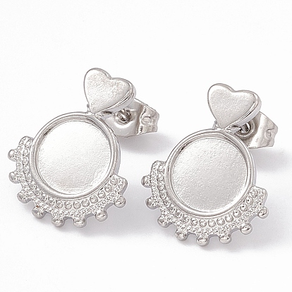 304 Stainless Steel Stud Earring Findings, Heart with Round Tray Earring Settings, with Ear Nuts