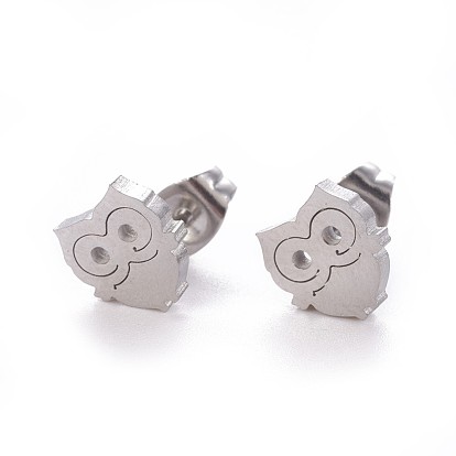 304 Stainless Steel Stud Earrings, Hypoallergenic Earrings, with Ear Nuts/Earring Back, Owl