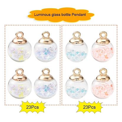 46Pcs 2 Style Transparent Glass Ball Bottle Pendants, with Glitter Sequins and CCB Plastic Findings, Round & Star and Round & Diamond, Glow in the Dark Luminous Pendant
