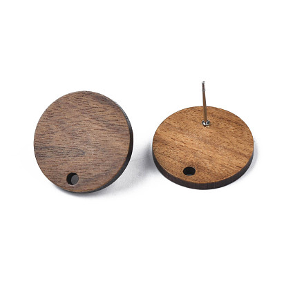 Walnut Wood Stud Earring Findings, with 316 Stainless Steel Pin and Hole, Flat Round
