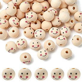 Perles européennes en bois naturel imprimées, Perles avec un grand trou   , ronde avec le visage de sourire, sans plomb, non teint