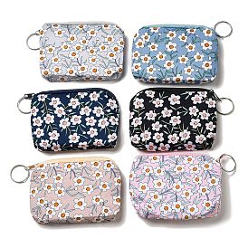 Flower Print Cotton Cloth Wallets with Alloy Zipper, Rectangle with Iron Ring