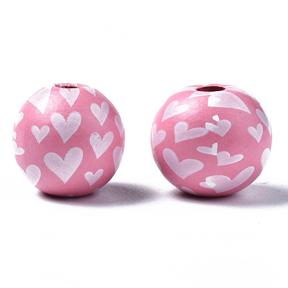 Painted Natural Wood European Beads, Large Hole Beads, Printed, Round with Heart