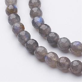 Labradorite naturelle rangées de perles, à facettes (128 facettes), ronde