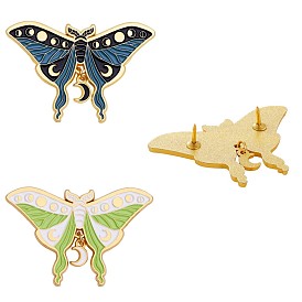 2Pcs 2 Colors Moon Phase Butterfly Enamel Pins, Gold Plated Alloy Badges for Backpack Clothes