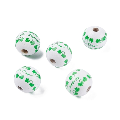 Saint Patrick's Day Theme Spray Painted Natural Wood Beads, with Clover & Word Pattern
