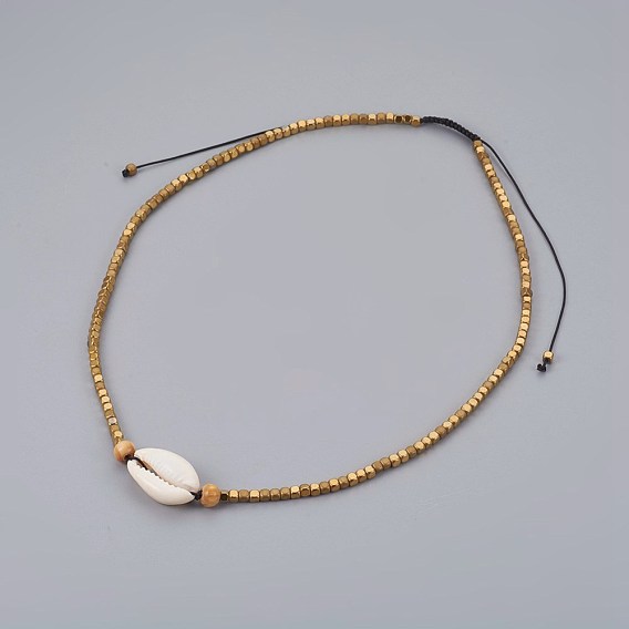 Colliers réglables en hématite non magnétique à électrolyse, avec cauris et perles de bois, corde de nylon